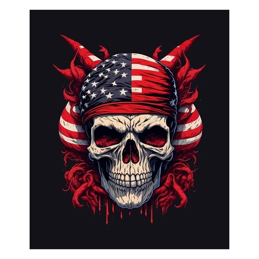 Flag 3'x5' Black & Red Skull with horns American Flag USA bandana single sided